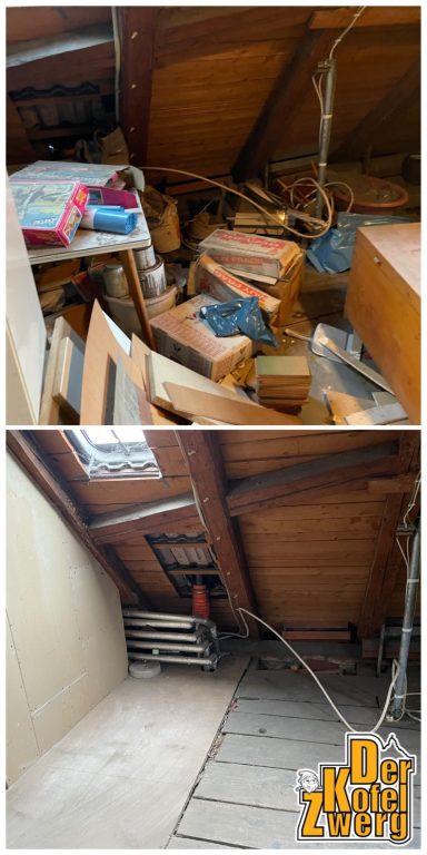 Räumung in Murnau Unordentlicher Dachboden mit Holzmaterialien und Werkzeugen, vor und nach der Aufräumaktion.