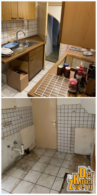 Hausentrümpelung in Murnau Küche mit Holzmöbeln, Spüle und Kasten; im Hintergrund eine Tür und gefliester Boden.