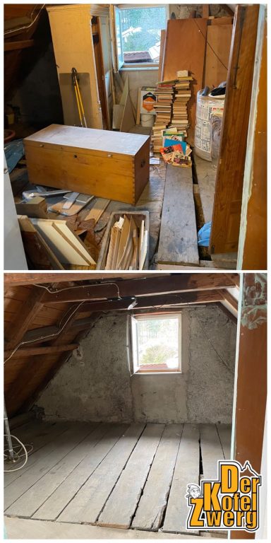 Entrümpelung in Murnau Dachboden vor und nach der Aufräumaktion, mit Kisten und leerem Raum.